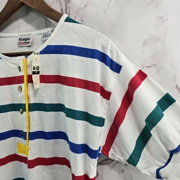 Vintage Shirt Womens Large Striped Primary Red 90s Henley Rugby Deadstock NOS - Picture 13 of 14